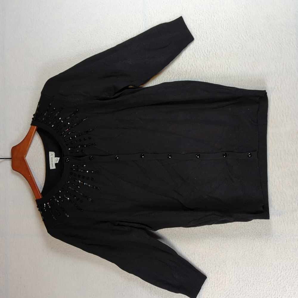 Susan Graver‎ Black Beaded 3/4 Sleeve Button Cardigan S